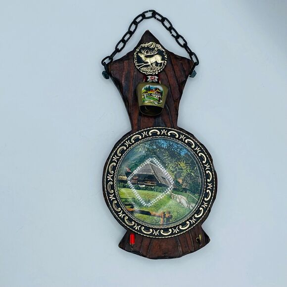 Vintage Wood Folk Art Wall Hanging Mini Kettle Bell Key Hooks Hand Painted Swiss - Picture 1 of 7
